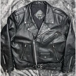 Stefano Man Leather Motorcycle Jacket Men’s L Black Quilted Lining Belted Moto